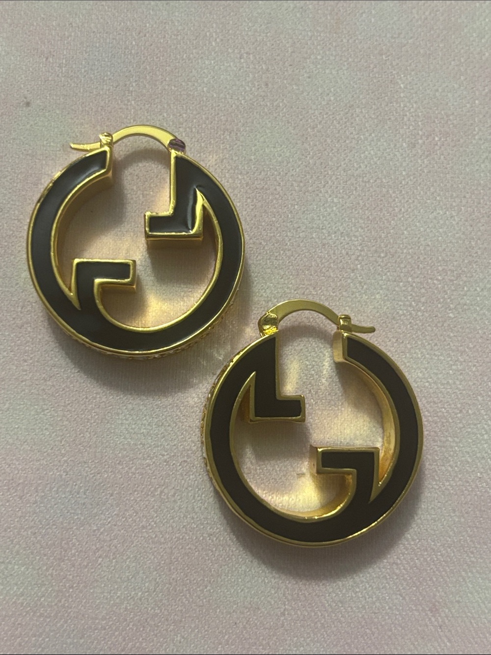 Gold-Tone Black Enamel Hoop Earrings